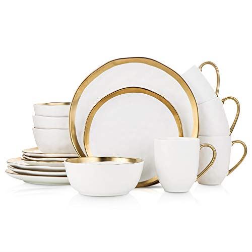 16 Piece Dinnerware Set, Service for 4, White and Golden Rim