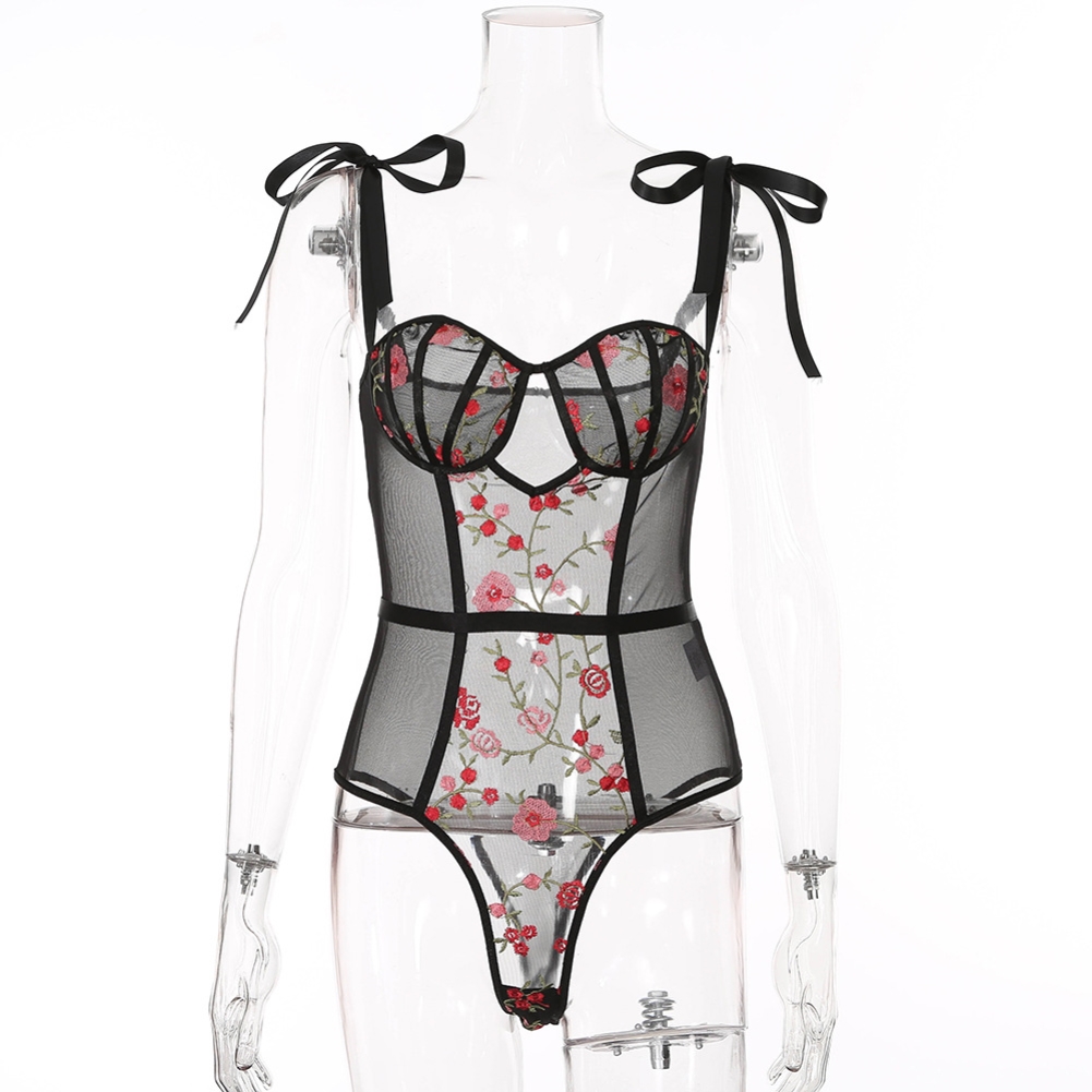 Sexy Black Floral Strap Bodysuit Lingerie