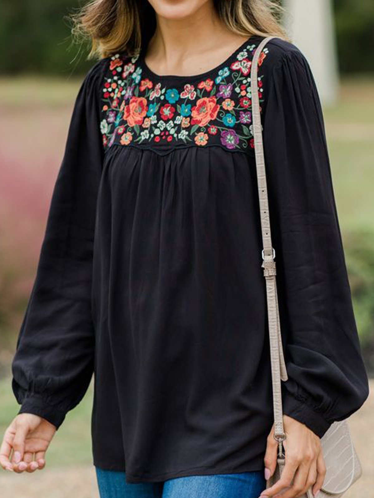 A-Line Cotton-Blend Long Sleeve Floral-Print Shirts & Tops