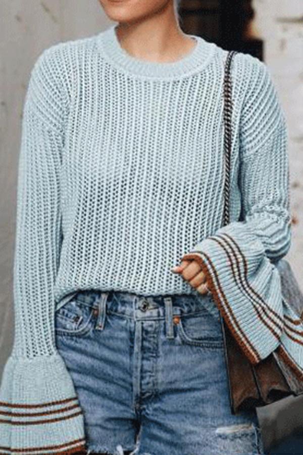 Fashion Round Collar Hollow Out Pagoda Sleeve Sweater