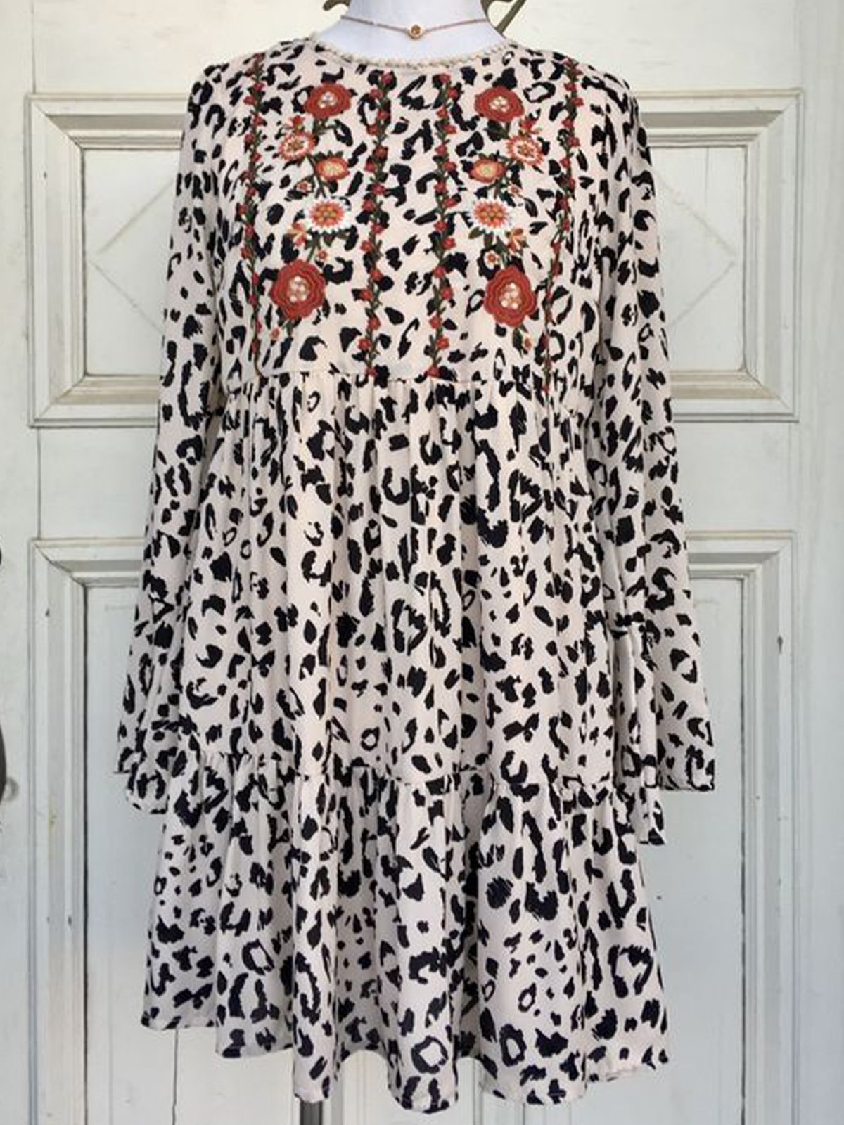 Boho Casual Leopard Crew Neck Dresses