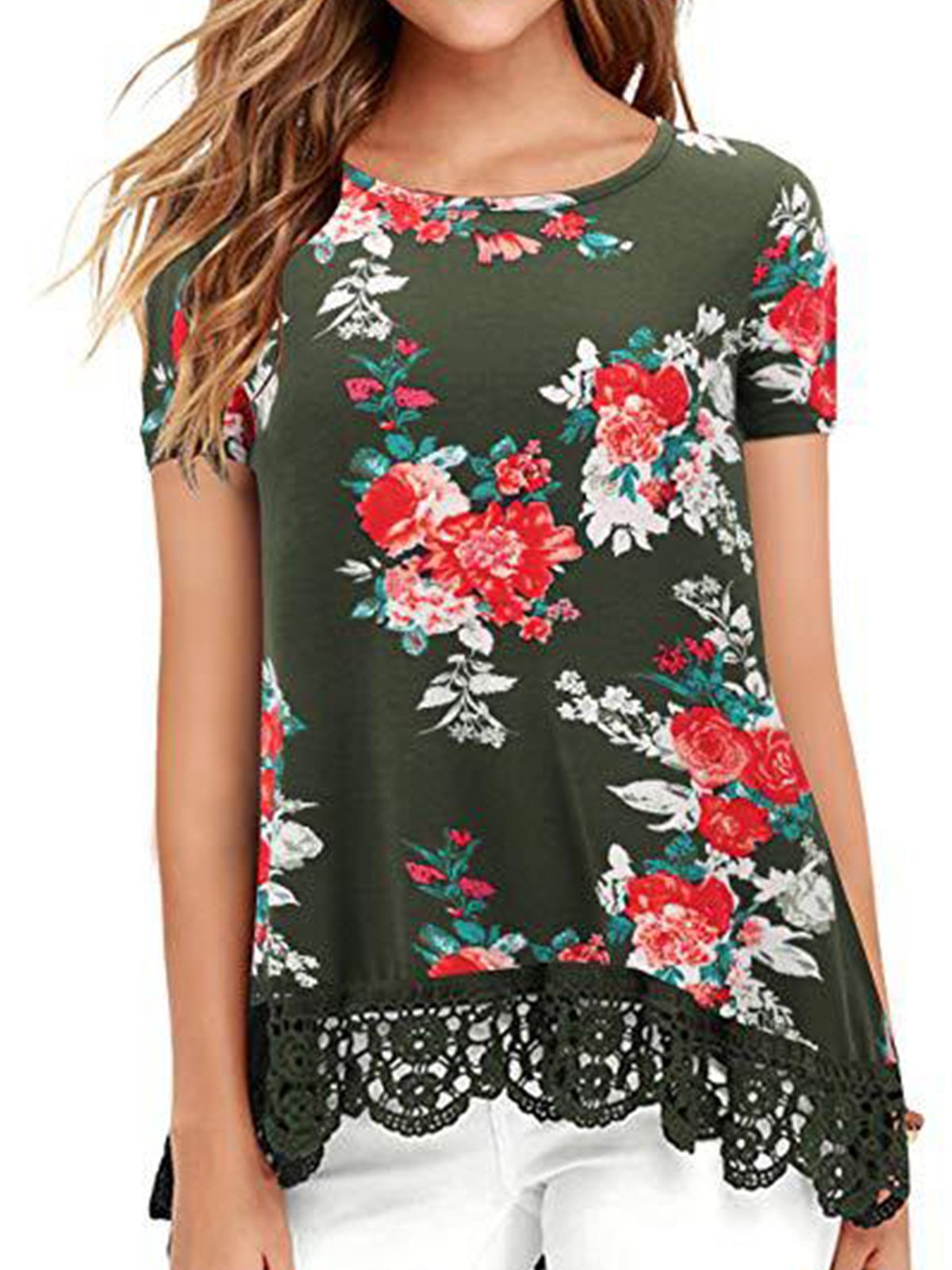 Women Casual Printed Lace Tops Tunic T Shirt