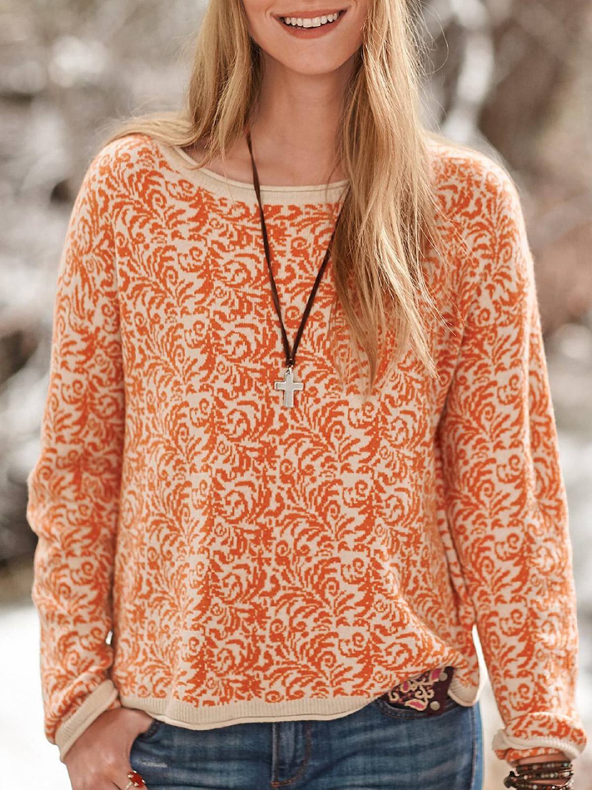 Orange Cotton-Blend Round Neck Long Sleeve Printed Tops