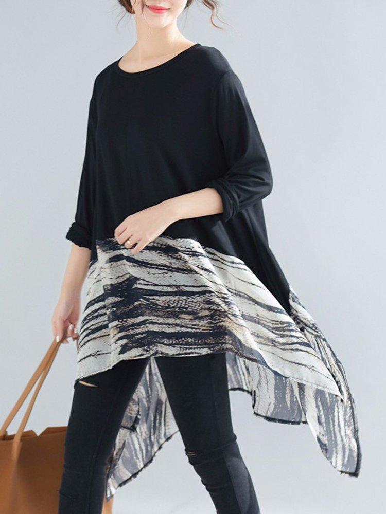 Patchwork Crew Neck Long Sleeve Loose Blouse