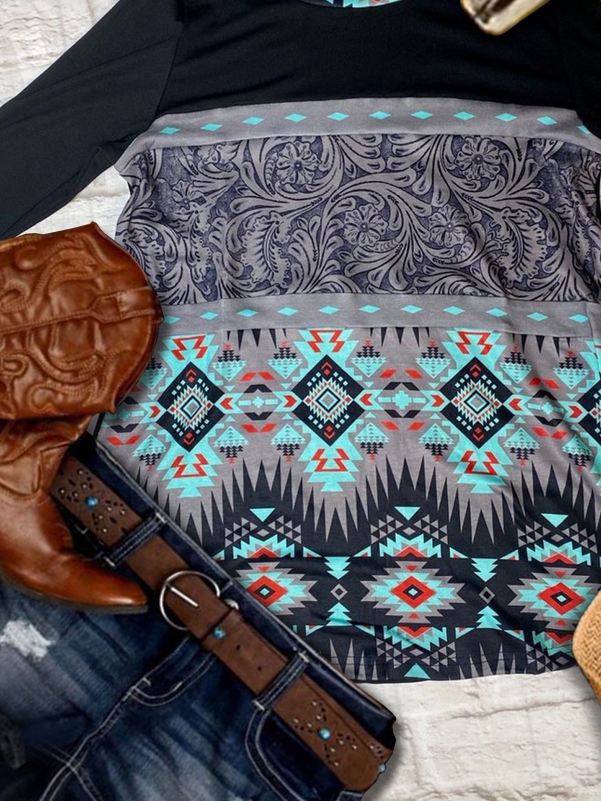 Long Sleeve Crew Neck Geometric Shift Shirts & Tops