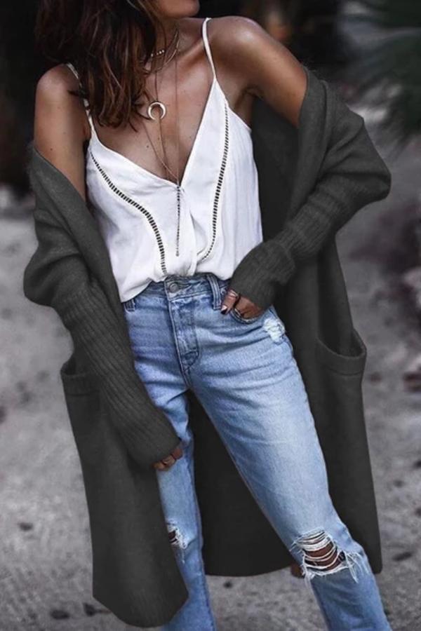 Fashion Cotton Pure Colour Patch Pocket Cardigan