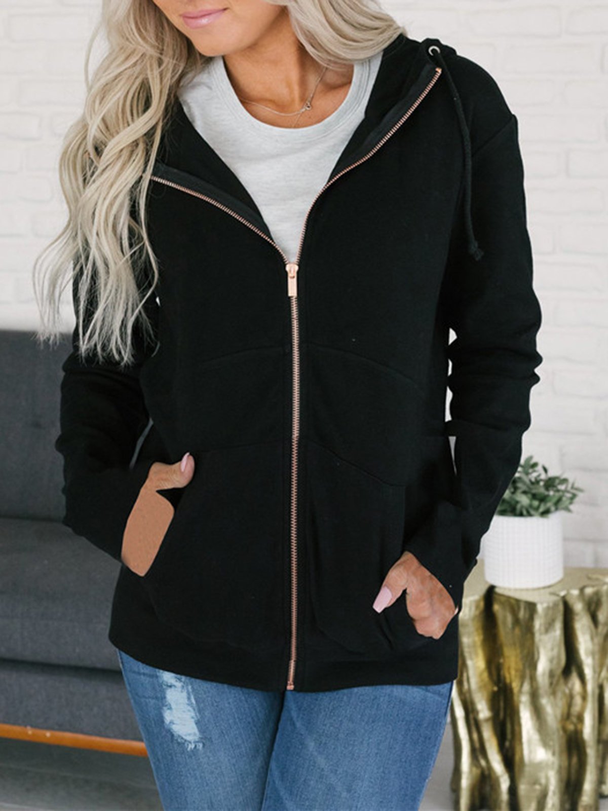 Solid Paneled Casual Polyester Hoody