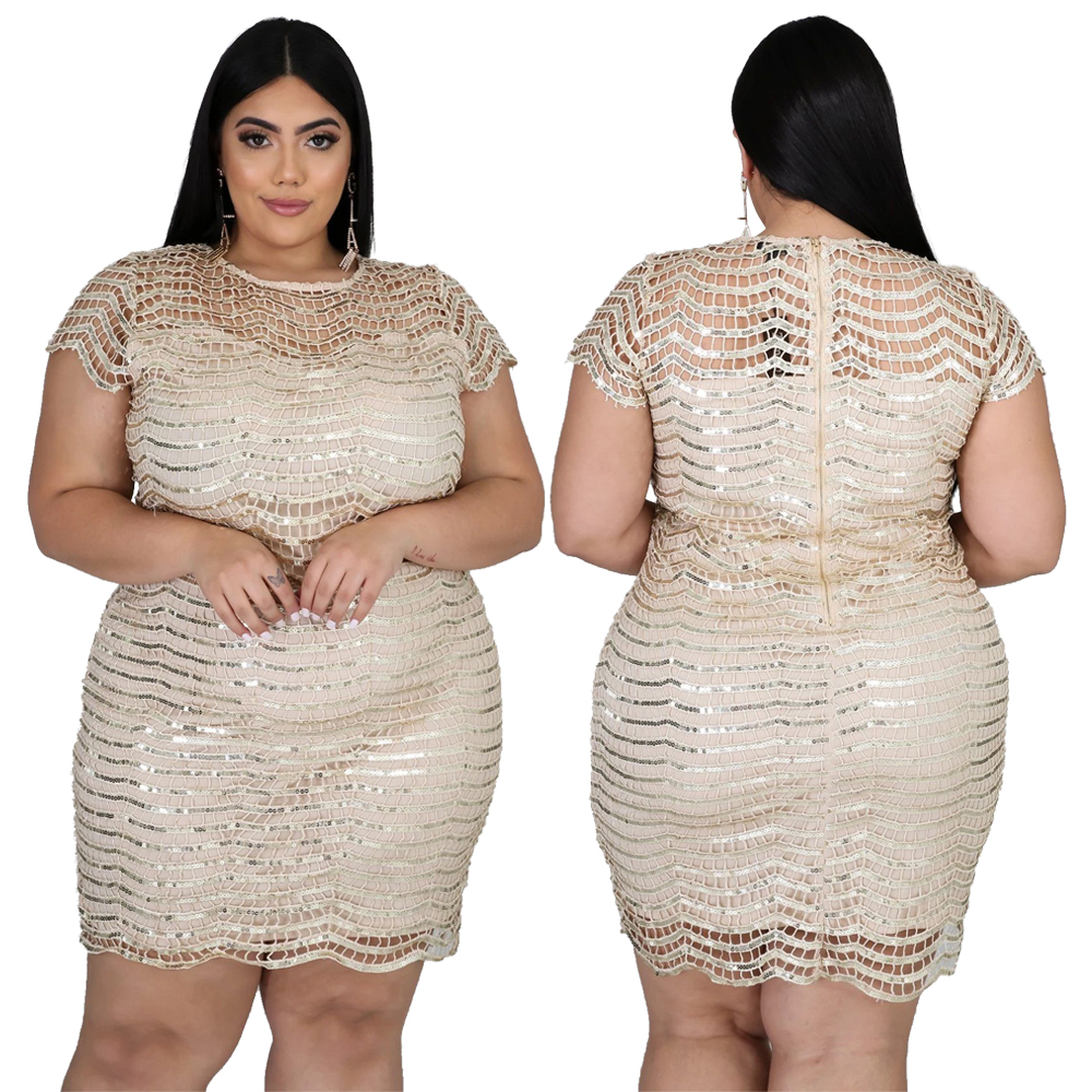 Plus Size Party Short Sleeve Sequins Mini Dress