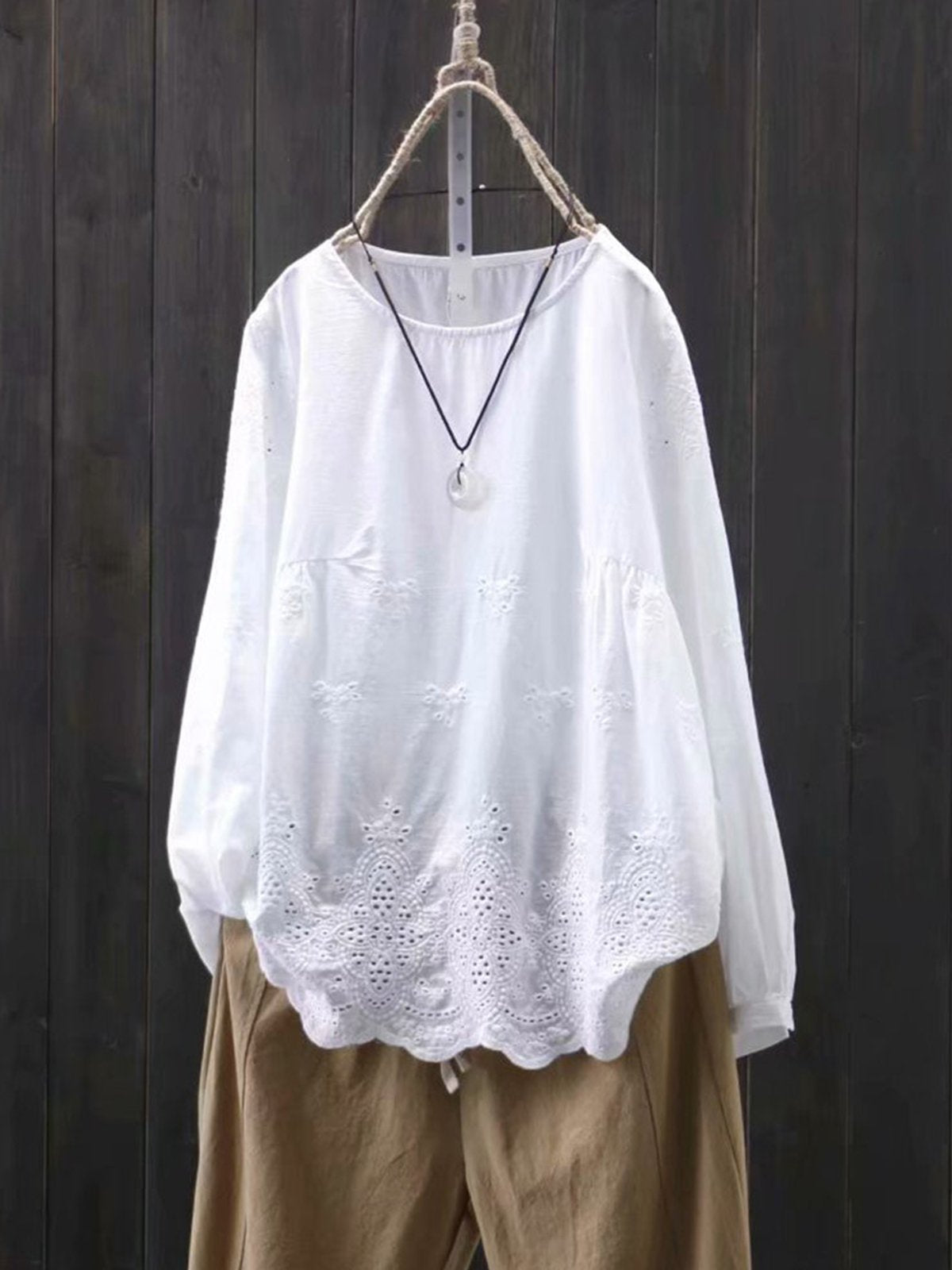 Loose Long Sleeve Hollow Out Embroidery Crew Neck Shirt