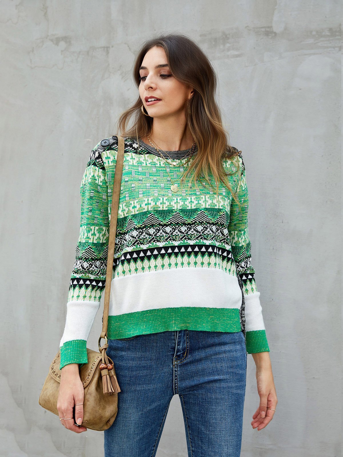 Green Knitted Color-Block Tribal Long Sleeve Sweaters