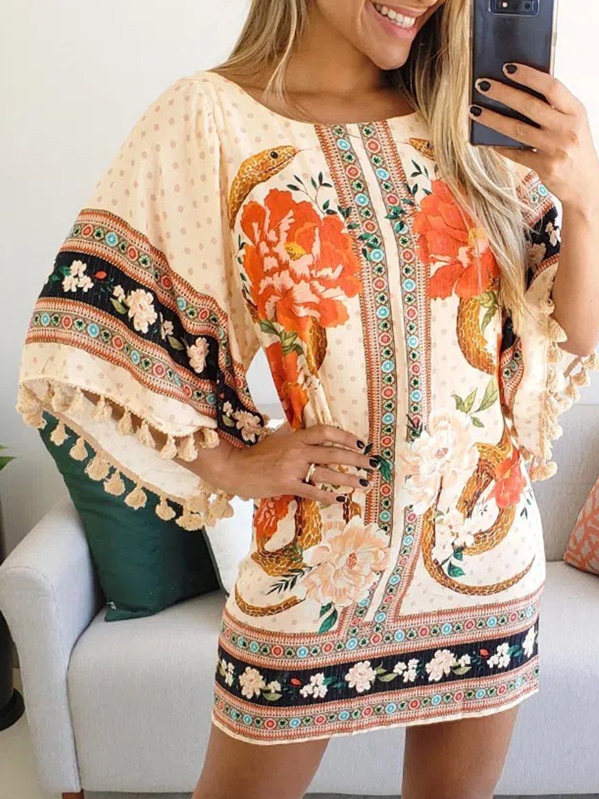 Flower Tribal Cotton-Blend Casual Dresses