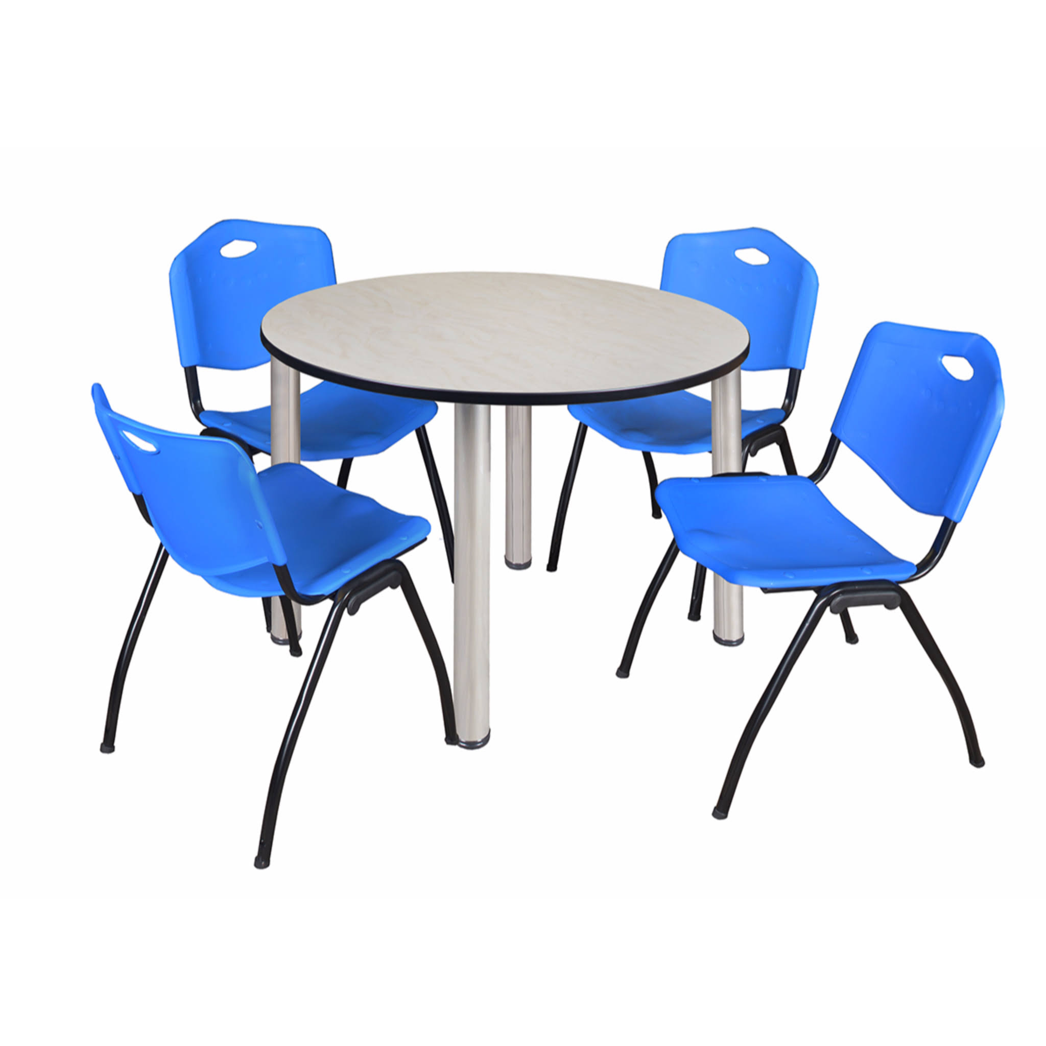 Regency Kee 48x22 Round Breakroom Table- Maple/ Chrome 4 &M& Stack Chairs- Blue
