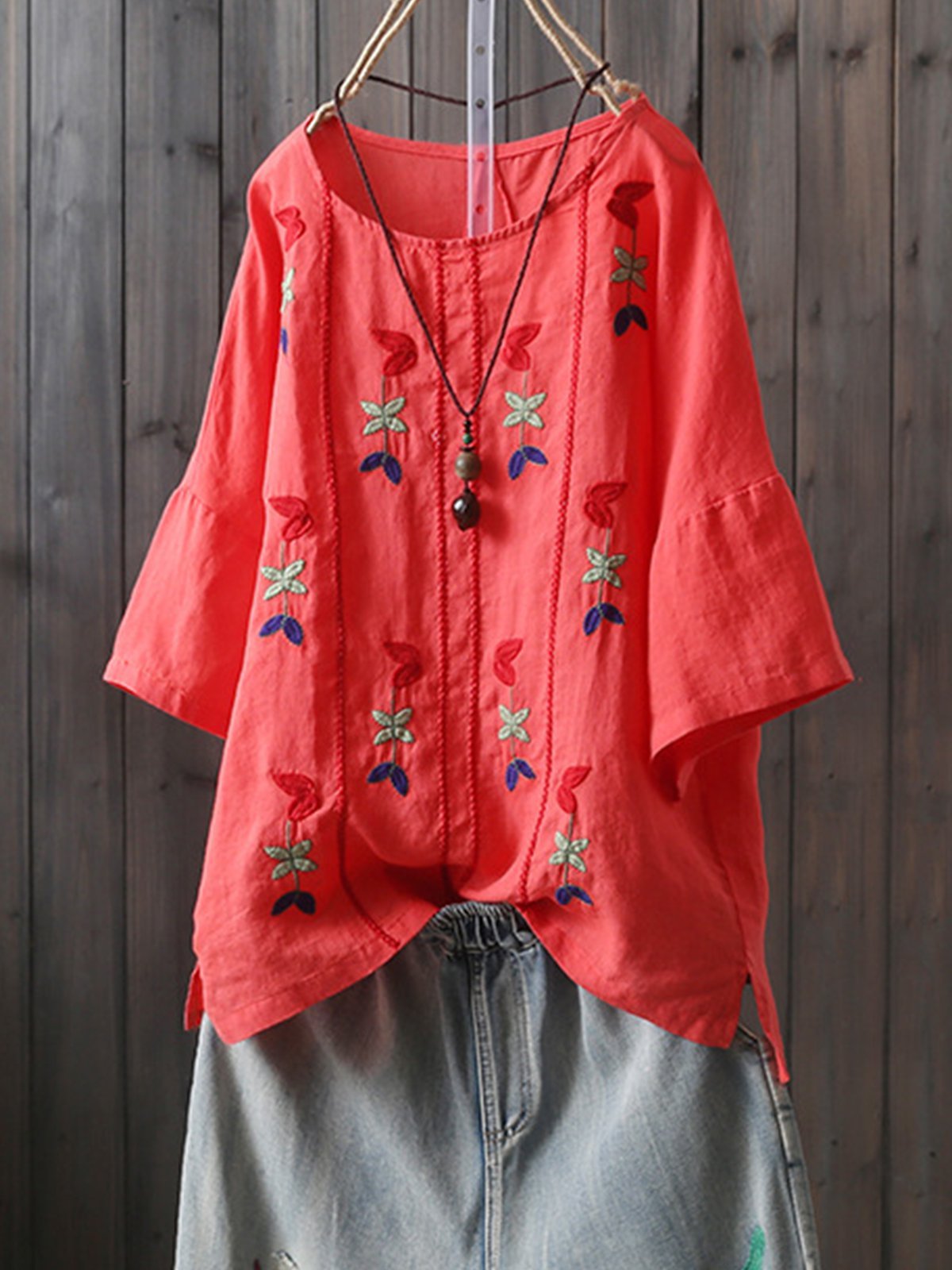 Round Neck Short Sleeve Vintage Shirts & Tops