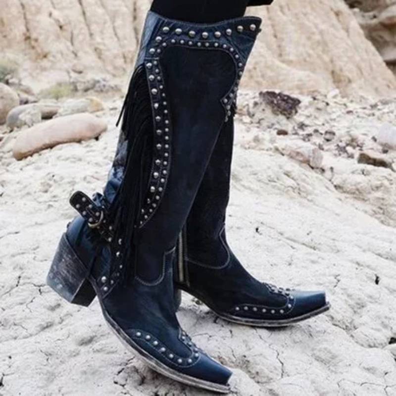 Women Vintage Tassel Western Boots with Zipper