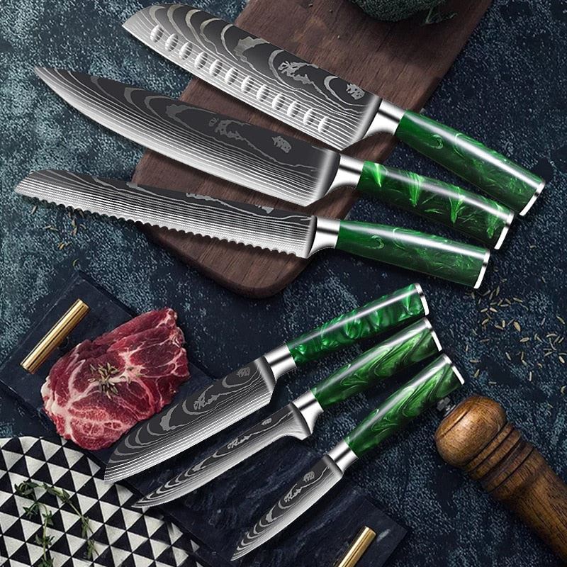 1-10 Pcs Chef Knife Set Kitchen Knives Laser Damascus Pattern Sharp Japanese Santoku Knife
