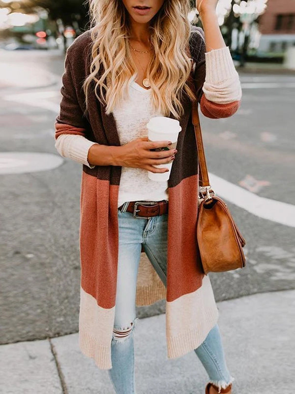 Fashion Color Block Long Sleeve Cardigans