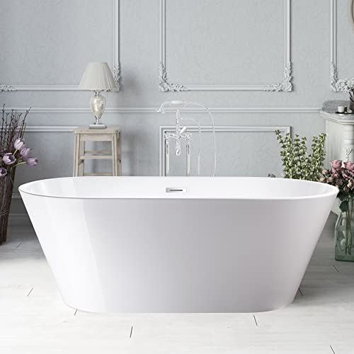 Non-Slip White Acrylic Freestanding Bathtub Modern Stand Alone Soaking Tub