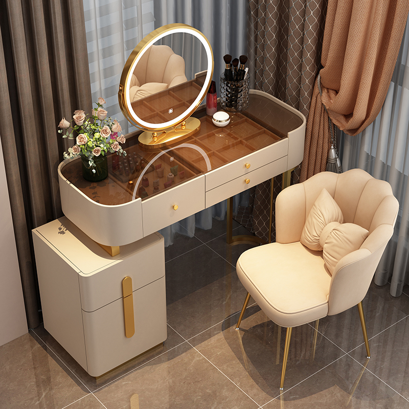 Nordic dressing table with mirror and stool for bedroom Dressing table with 3 light effect LED mirrors Golden Iron Dresser