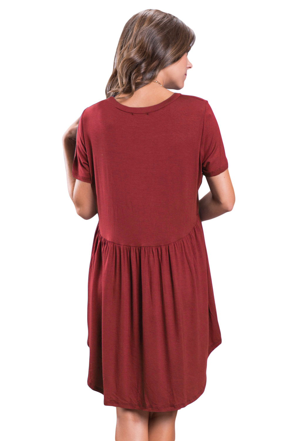 Wine Short Sleeve Pullover Babydoll Style Casual Dress
