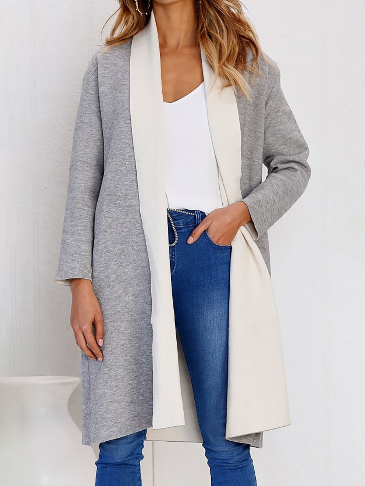 Elegant Solid Long Sleeve Wool blend Shawl Collar Coat