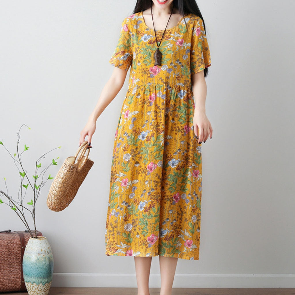 Women's  Fashion floral Print  O-neck maxi Dresses