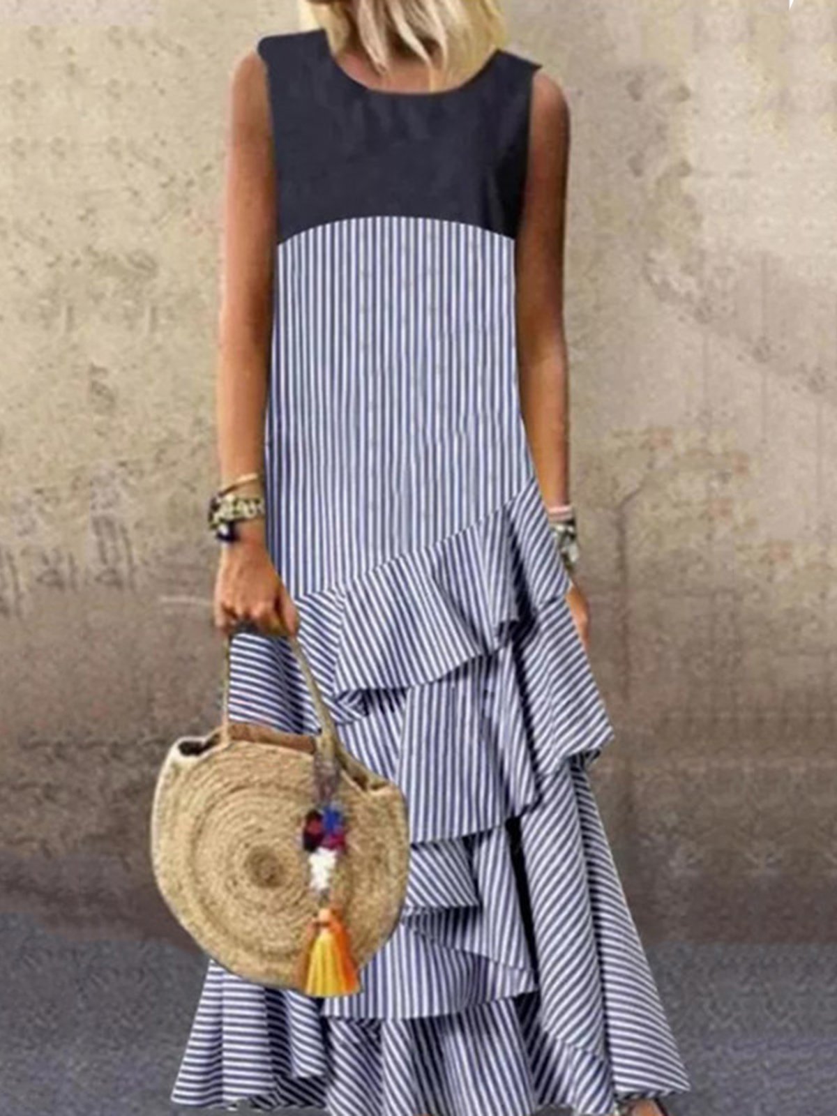 Stripe-Gray Holiday Stripes Swing Ruffled Sleeveless Dresses