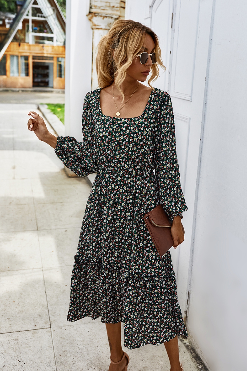 Fall Long Sleeve Square Floral Long Dress