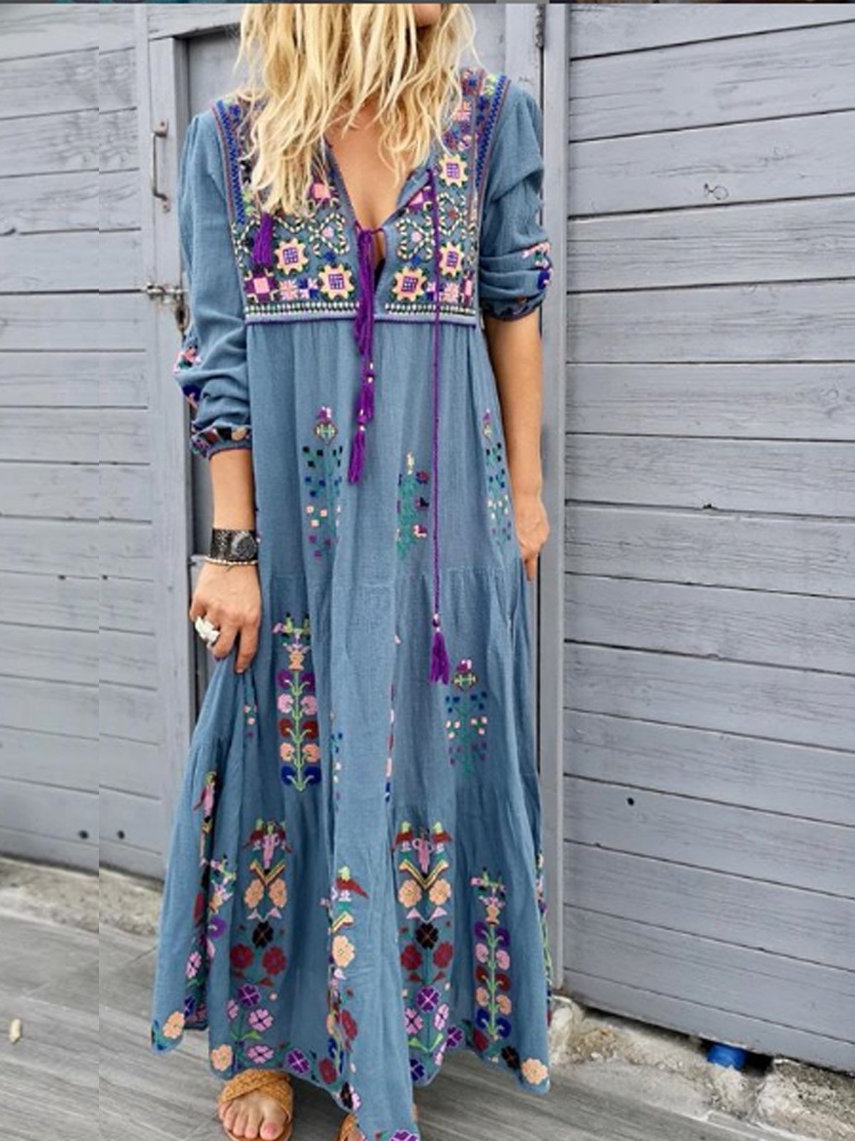Blue Casual Patchwork Cotton-Blend V Neck Dresses