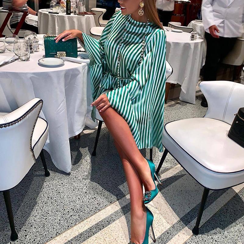 Elegant Stripe Belted Batwing Sleeve Cardigan