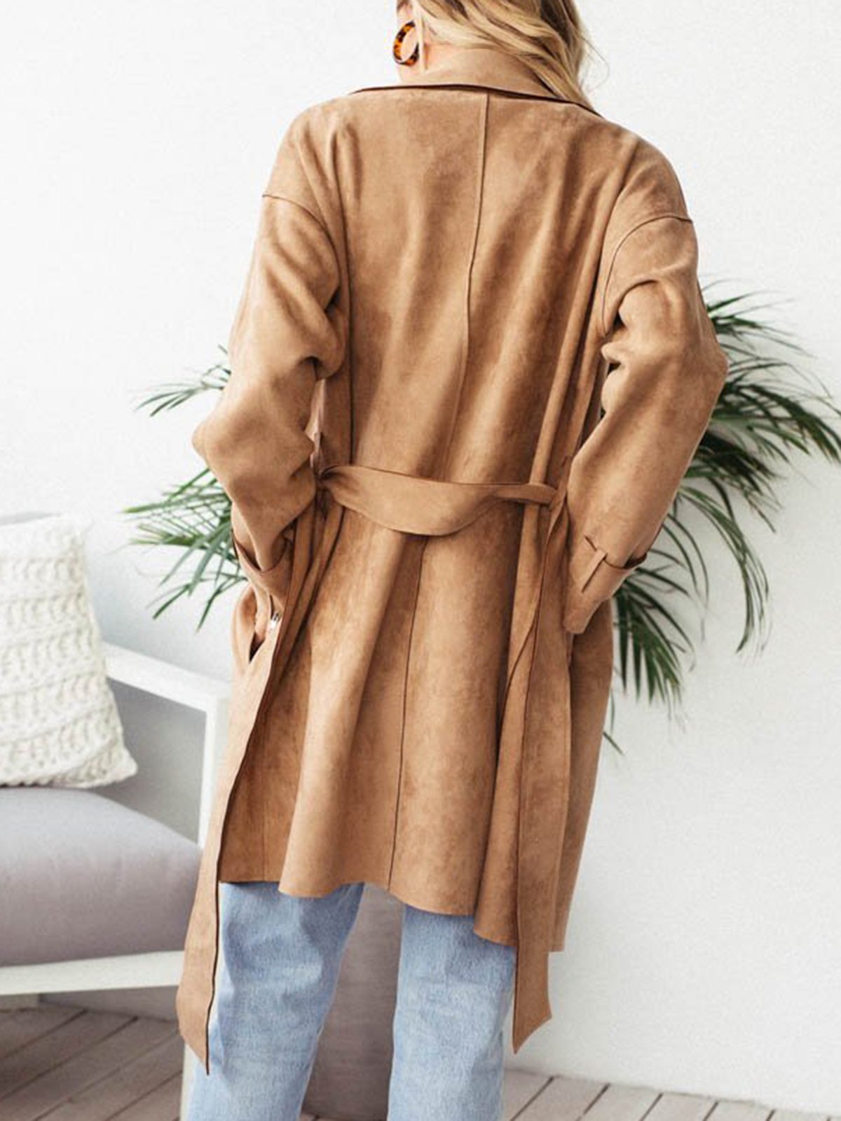 Khaki Elegant Paneled Pu Plain Coat