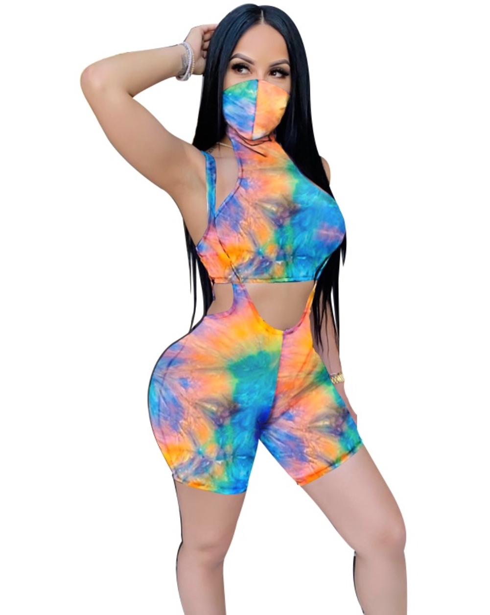 Sexy Two Piece Suspender Biker Short Set with Face Cover