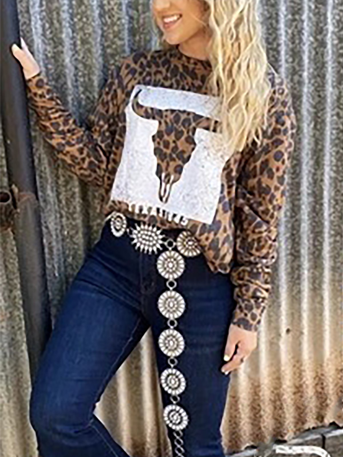 Leopard Casual Shift Animal Crew Neck Shirts & Tops