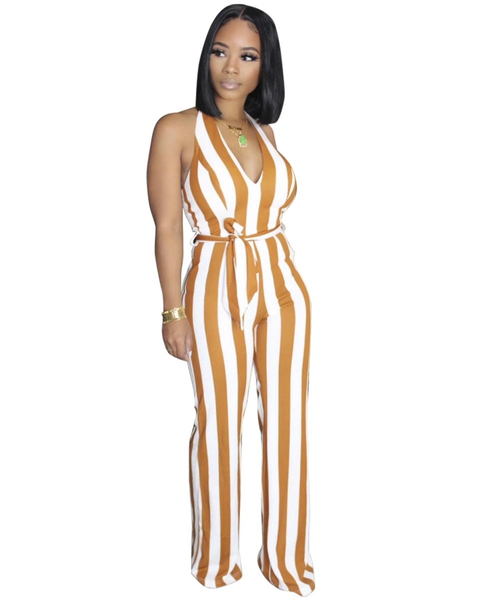 Summer Wide Striped Halter Jumpsuit with Belt