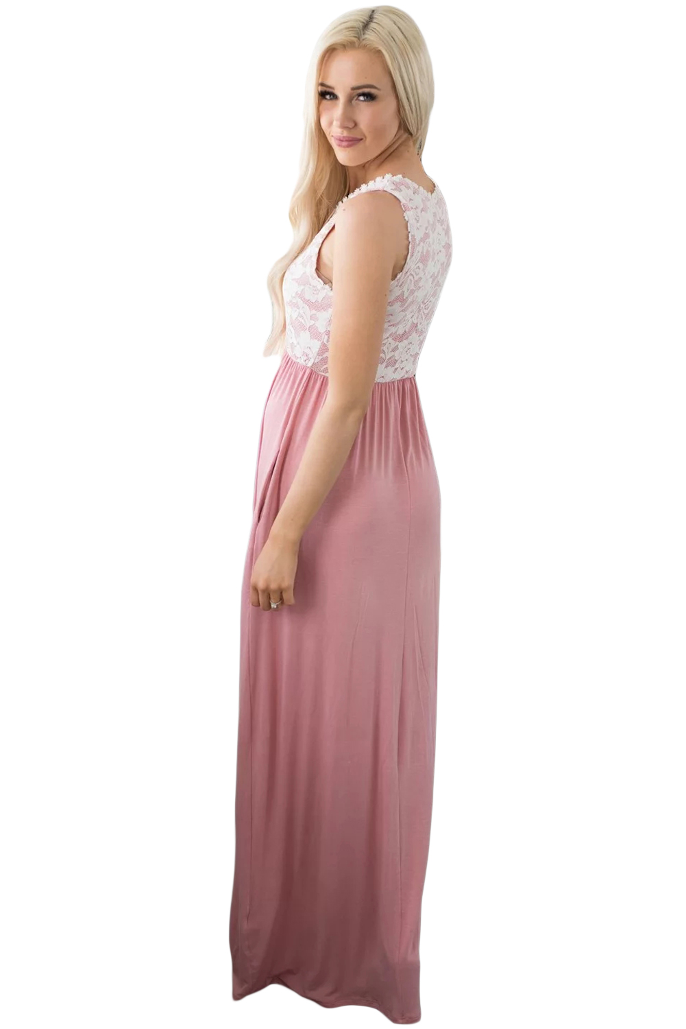 Floral Lace Top Pink Sleeveless Maxi Dress