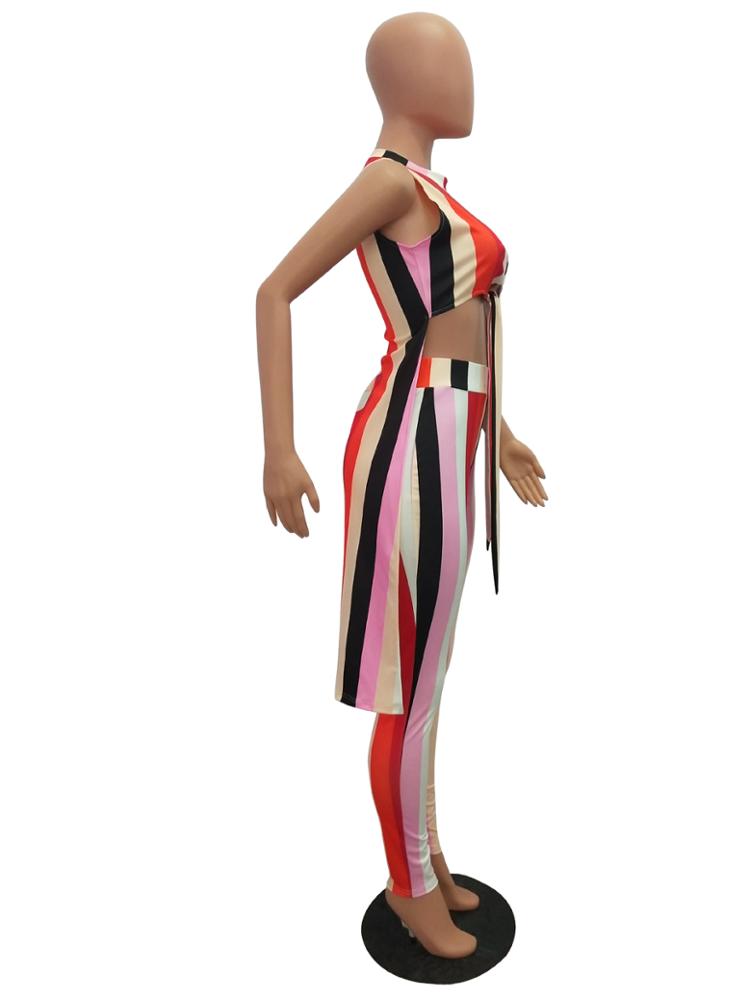 Women's  Two piece Sets Printed Striped crop Tops trousers Casual Outfit 2019 Latest Design