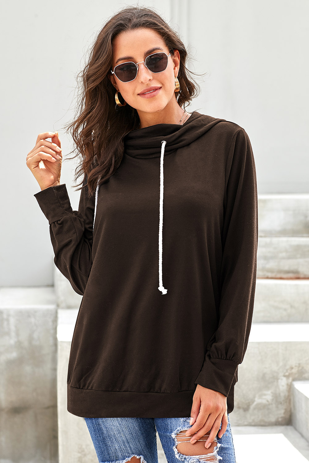 Brown Long Sleeve Hoodie with Rope Drawstring