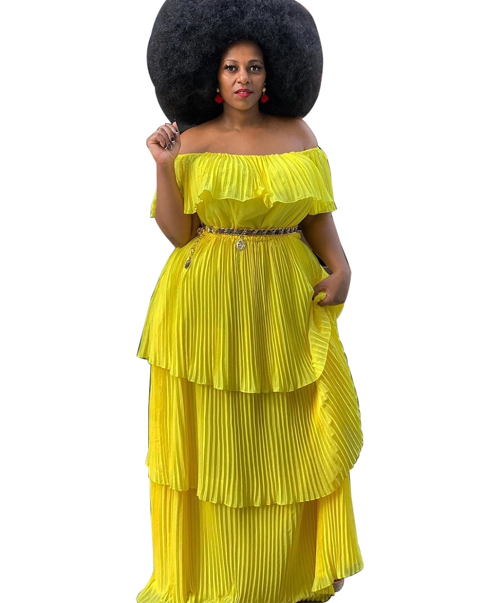 Plus Size Yellow Off Shoulder Pleated Long Maxi Dress