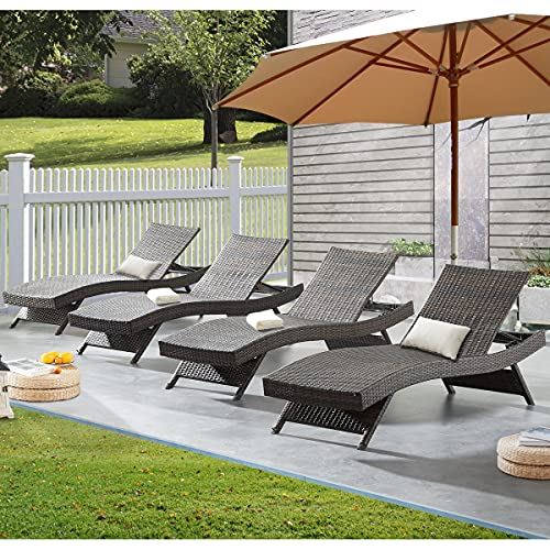 Asifom Set of 4 Long Reclining Chaise Lounge Set 79” Outdoor Wicker Reclining Lounge Chair Patio Rattan Double Chaise Lounge Lawn Sunbathing Chairs Beach Pool Backrest Recliners(Set of 4)