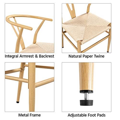 Set of 4 Weave Chair Mid-Century Metal Dining Chair Y-Shaped Backrest Hemp Seat