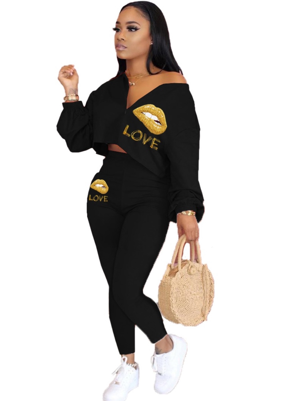 Autumn Black Print Crop Top and High Waist Pants Set