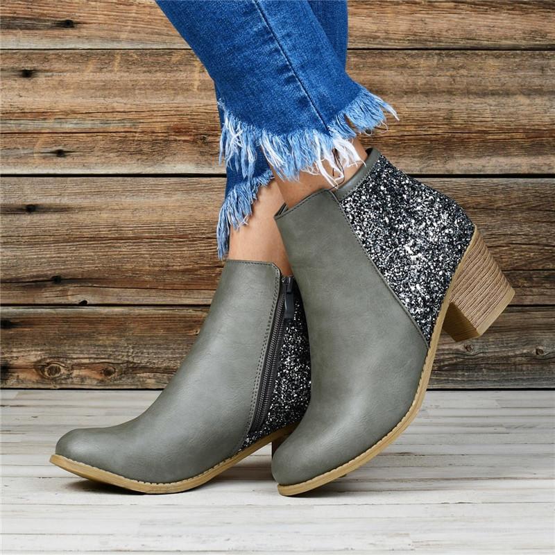 Women Sequined Splicing Chunky Heel Side Zipper Ankle Boots