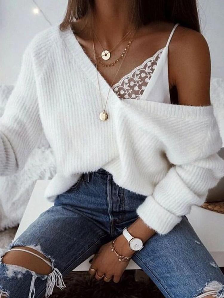 Casual V-Neck Solid Color Sweater
