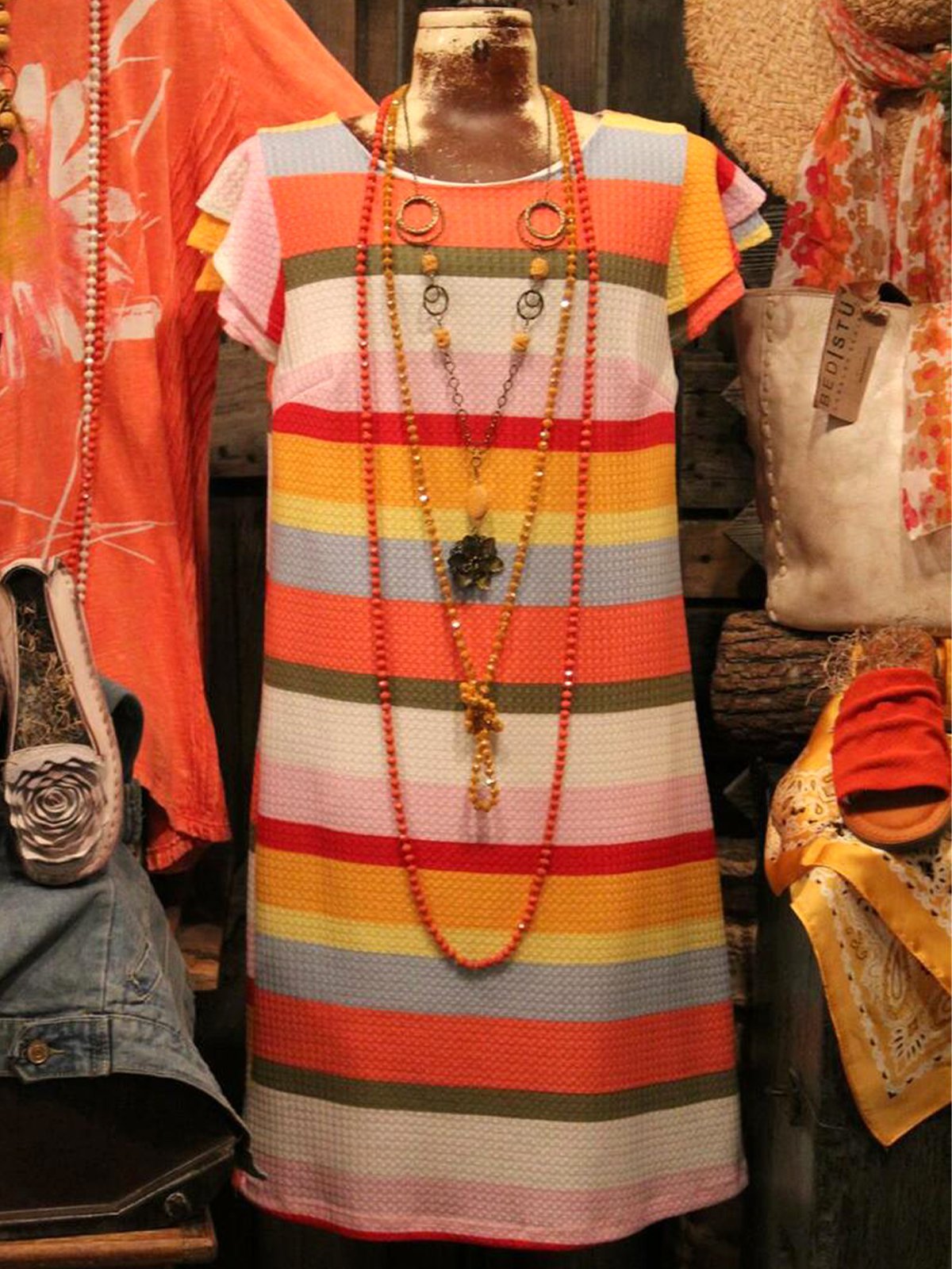 Rainbow stripes Shift Frill Sleeve Dresses