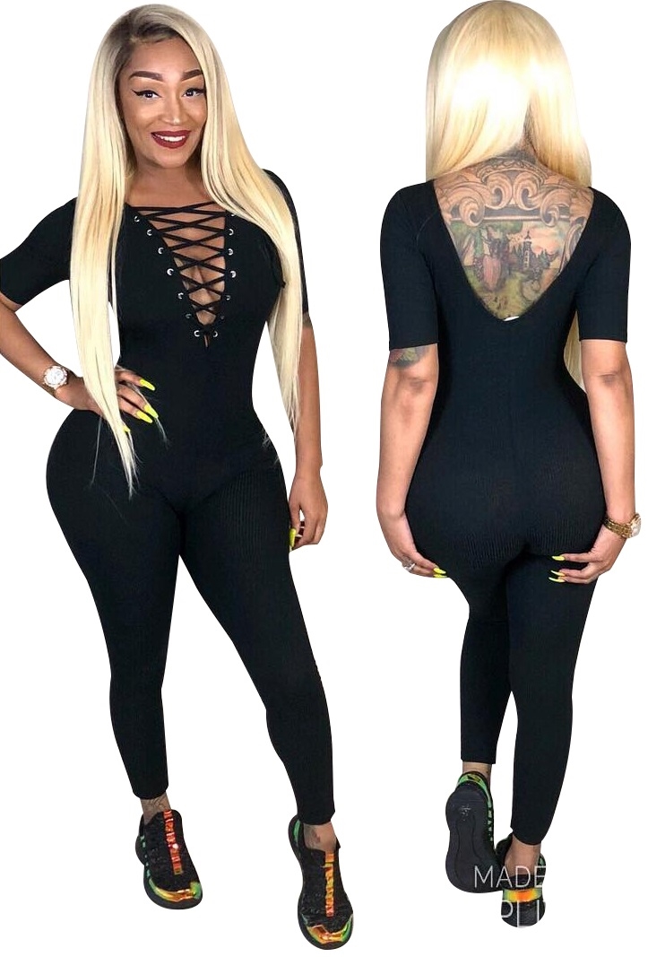 Black Sexy Lace Up Bodycon Jumpsuit
