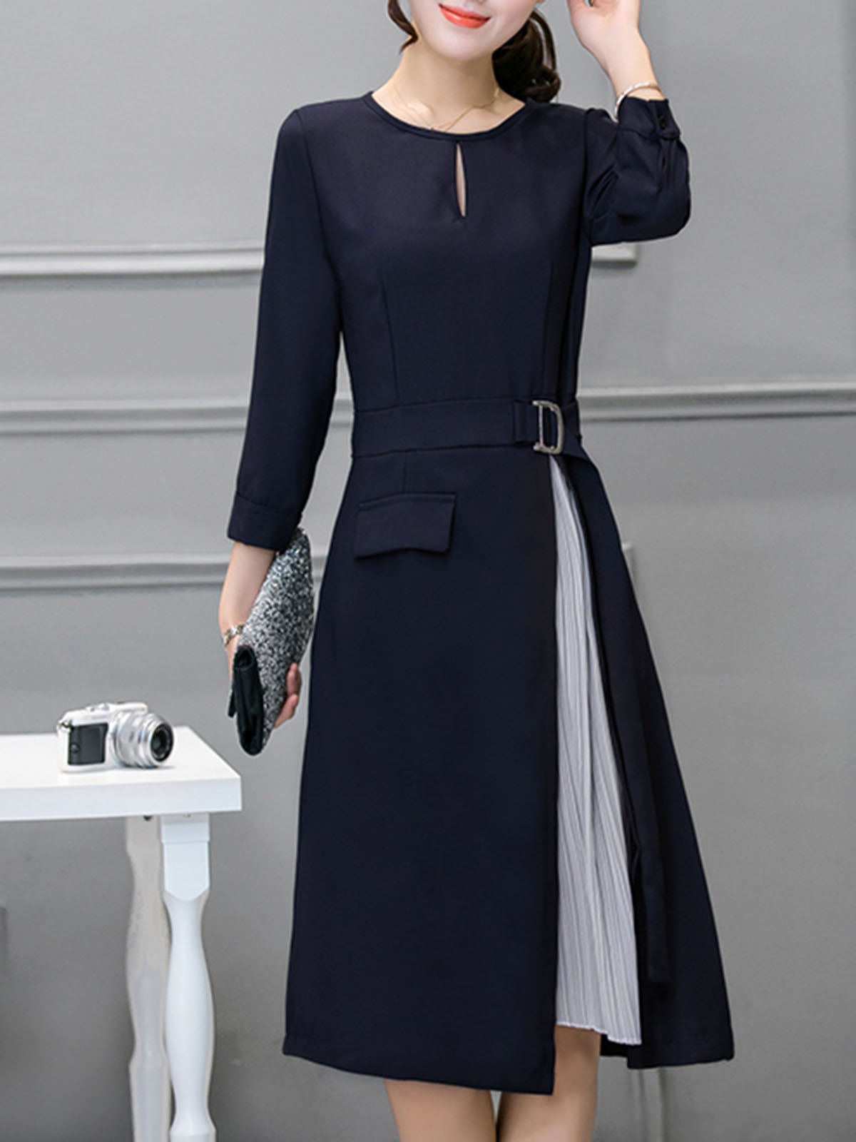 Navy Blue Crew Neck Paneled Pleated Elegant Dress