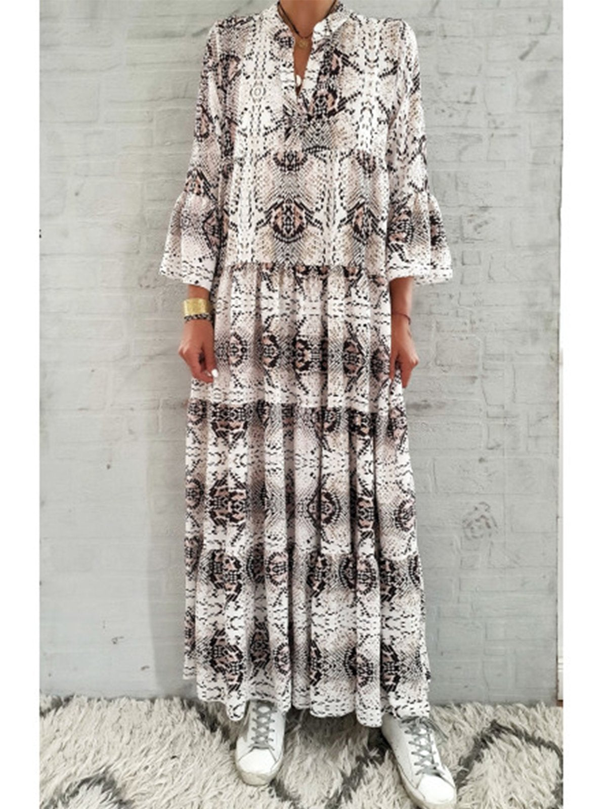 Leopard V Neck 3/4 Sleeve Dresses