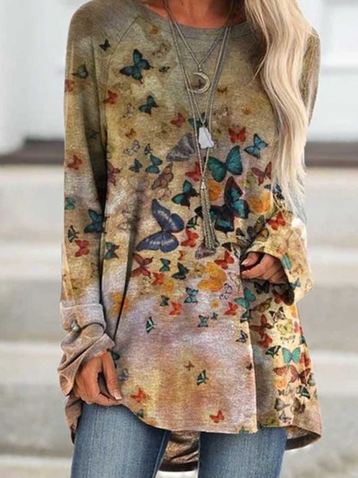 Deep Khaki Casual Long Sleeve Printed Shirts & Tops