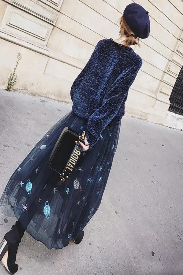 Fashion Pure Colour Sweater And Gauze Maxi Skirt