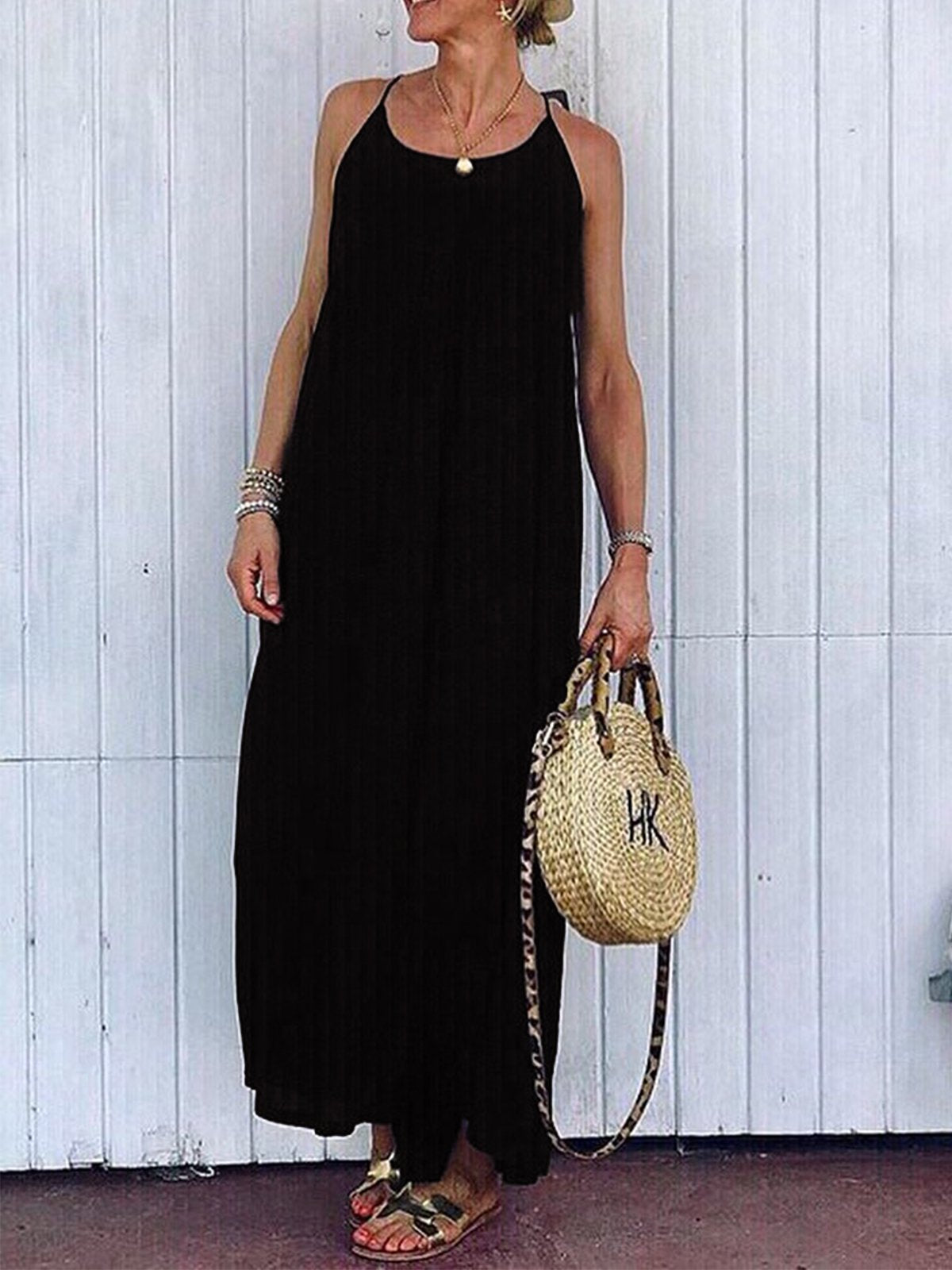Solid Round Neck Sleeveless Dresses