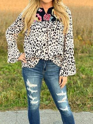 Vintage Long Sleeve V Neck Leopard Shirts & Tops